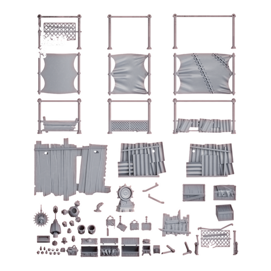 CT Miniatures UK Black Market Terrain Set: 63-piece post-apocalyptic resin wargaming terrain with shelters, barricades, crates, and mechanical elements.