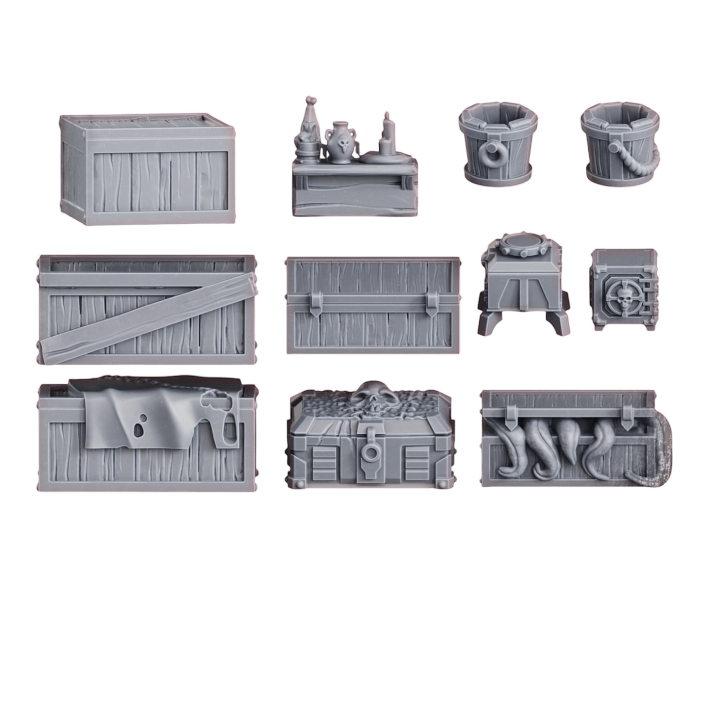 CT Miniatures UK Black Market Terrain Set: grey resin crates, barrels, table with skull vase, and tentacle-filled chest for wargaming.