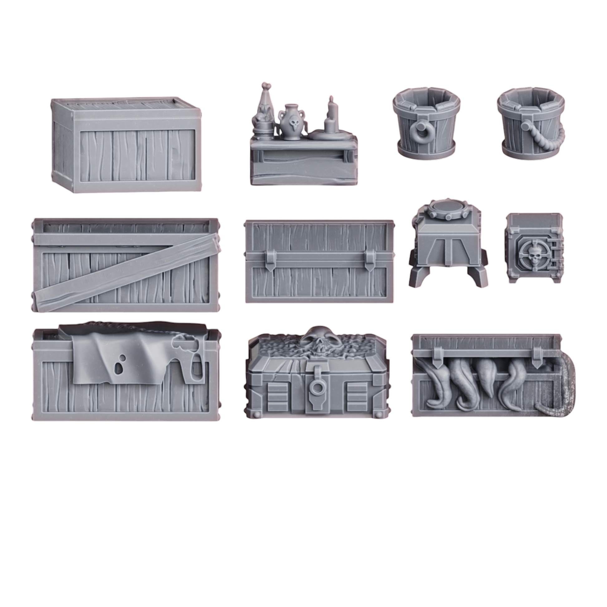 CT Miniatures UK Black Market Terrain Set: grey resin crates, barrels, table with skull vase, and tentacle-filled chest for wargaming.