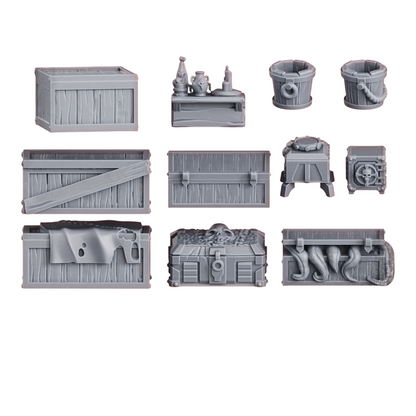 CT Miniatures UK Black Market Terrain Set: grey resin crates, barrels, table with skull vase, and tentacle-filled chest for wargaming.