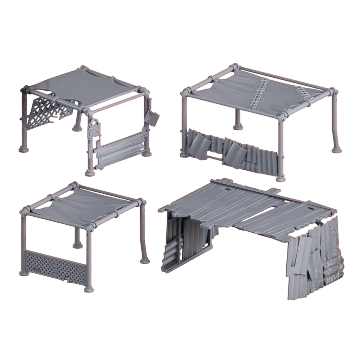 CT Miniatures UK Black Market Terrain Set: grey resin post-apocalyptic structures with fabric roofs and metal sheeting.