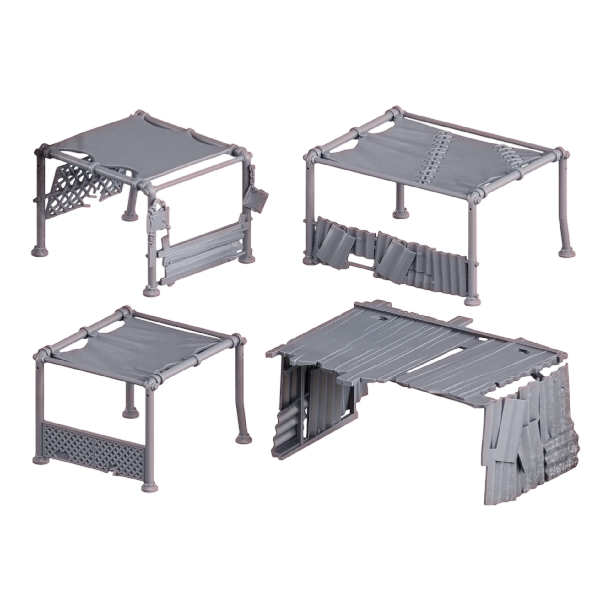 CT Miniatures UK Black Market Terrain Set: grey resin post-apocalyptic structures with fabric roofs and metal sheeting.