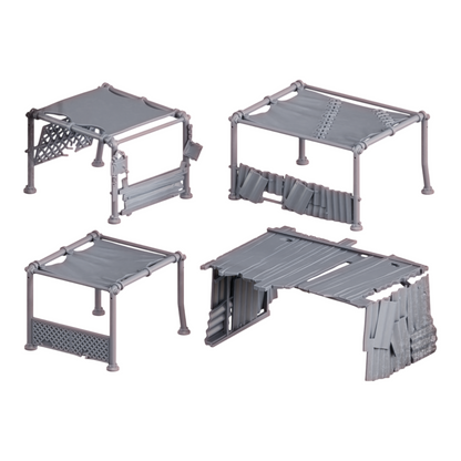 CT Miniatures UK Black Market Terrain Set: grey resin post-apocalyptic structures with fabric roofs and metal sheeting.