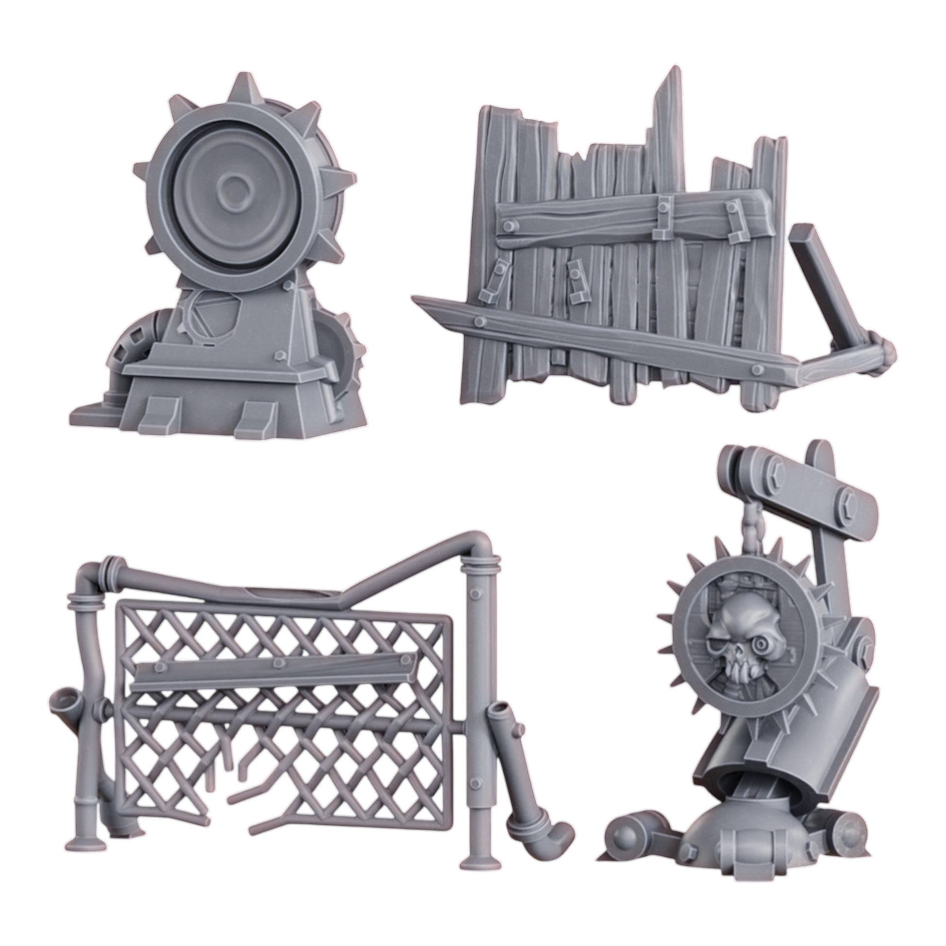 CT Miniatures UK Black Market Terrain Set: post-apocalyptic resin models including barricades, a spiked wheel with skull, and industrial fencing.