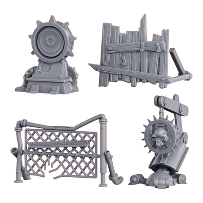 CT Miniatures UK Black Market Terrain Set: post-apocalyptic resin models including barricades, a spiked wheel with skull, and industrial fencing.