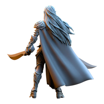 CT Miniatures UK Captain Lyriel grey resin 32mm fantasy elf warrior miniature with long hair, cape, and dual swords