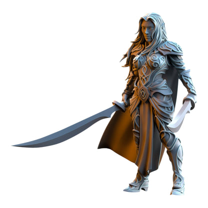 CT Miniatures UK Captain Lyriel 32mm grey resin elf warrior miniature with dual swords and intricate armor