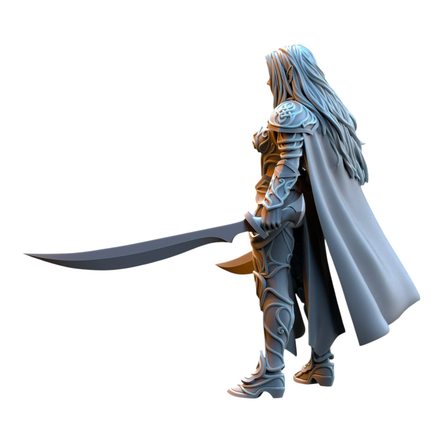 CT Miniatures UK Captain Lyriel 32mm grey resin elf miniature with long hair, ornate armor, and a curved sword.