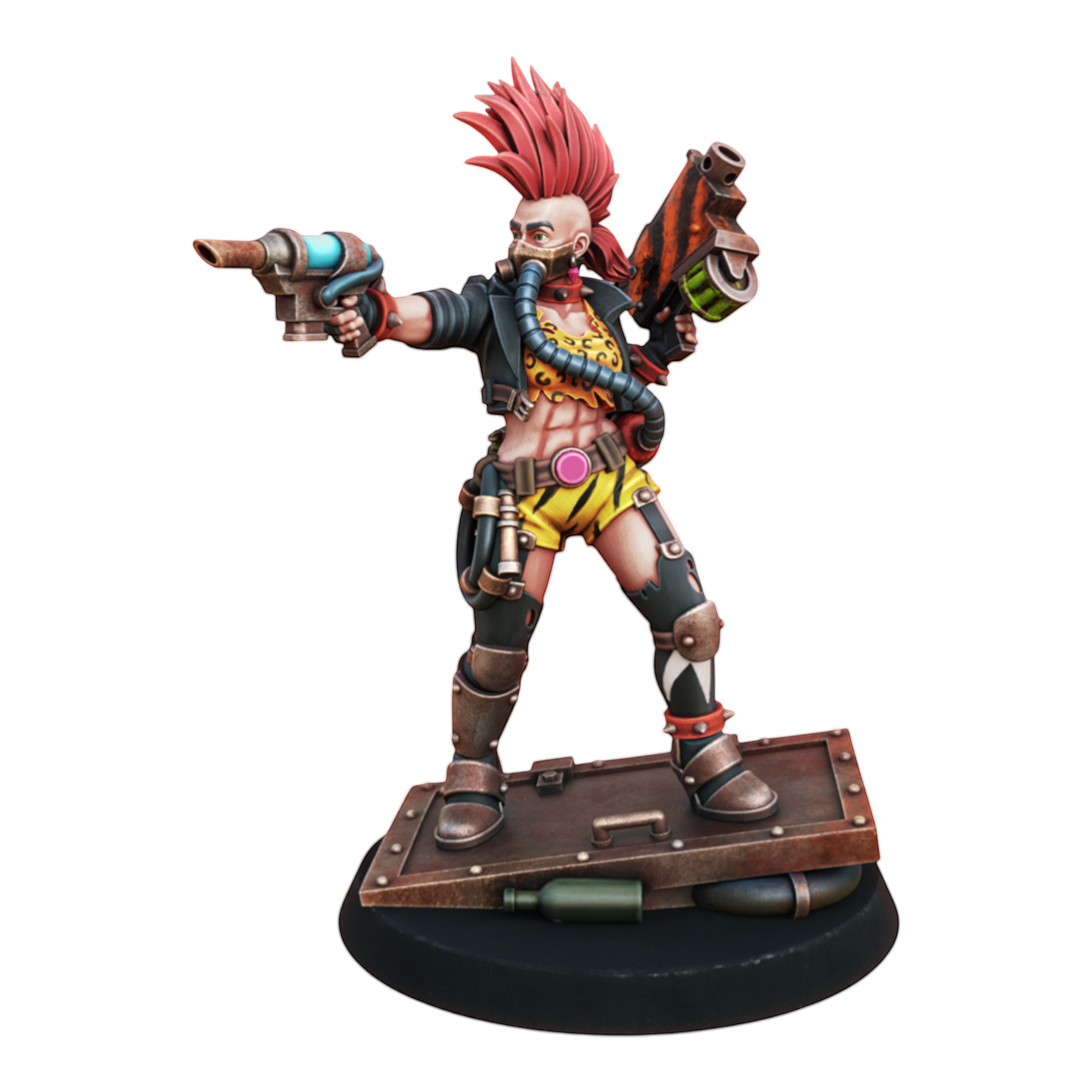CT Miniatures UK Chembirds Gang miniature: female figure with red mohawk, gas mask, leopard print top, yellow shorts, holding two guns.