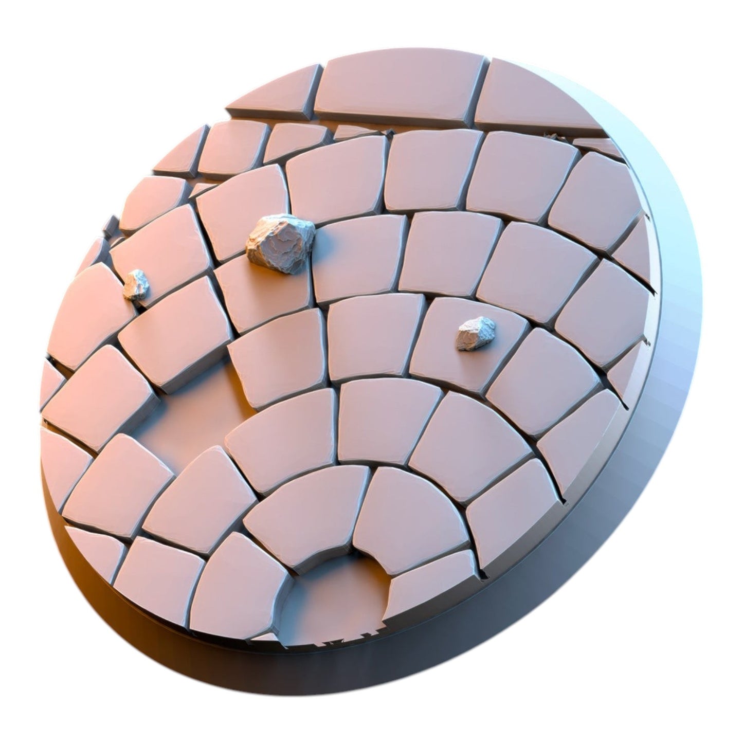 CT Miniatures UK grey resin 3D printed cobblestone miniature base with scattered stone debris for tabletop gaming