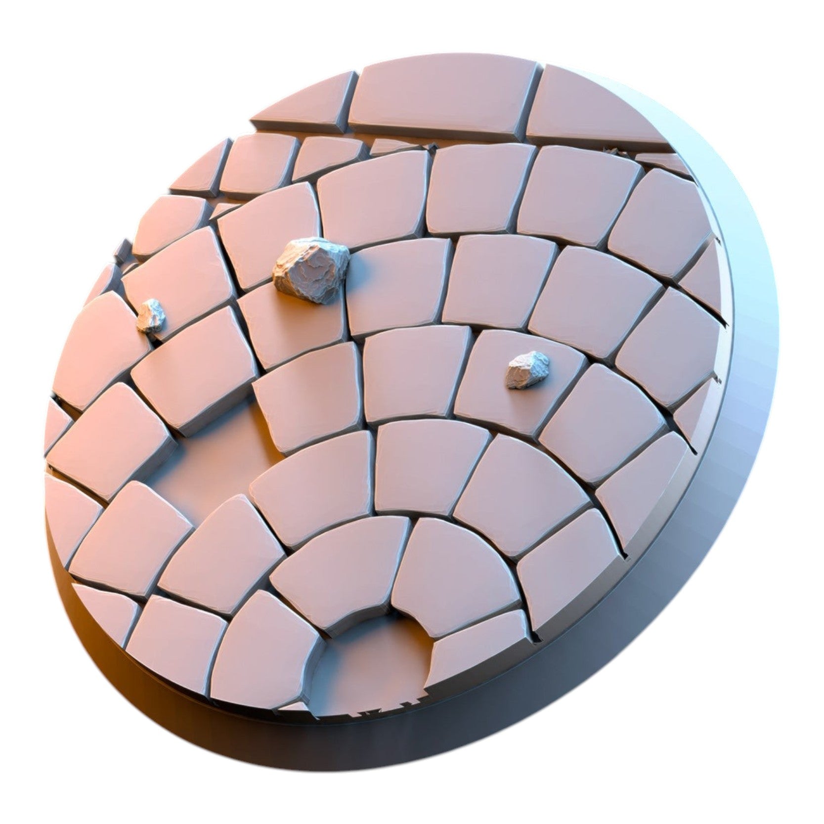 CT Miniatures UK grey resin 3D printed cobblestone miniature base with scattered stone debris for tabletop gaming