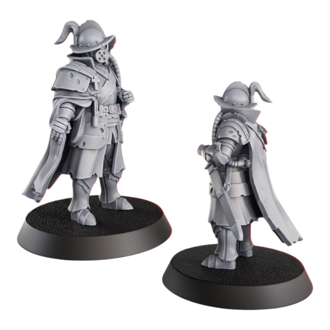 CT Miniatures UK Cortez's Comandante miniature, 33mm height, grey resin, soldier with helmet, mask, and cape.
