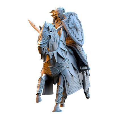 CT Miniatures UK 3D printed grey resin Commander Polomhir elf knight on armored horse with shield and sword
