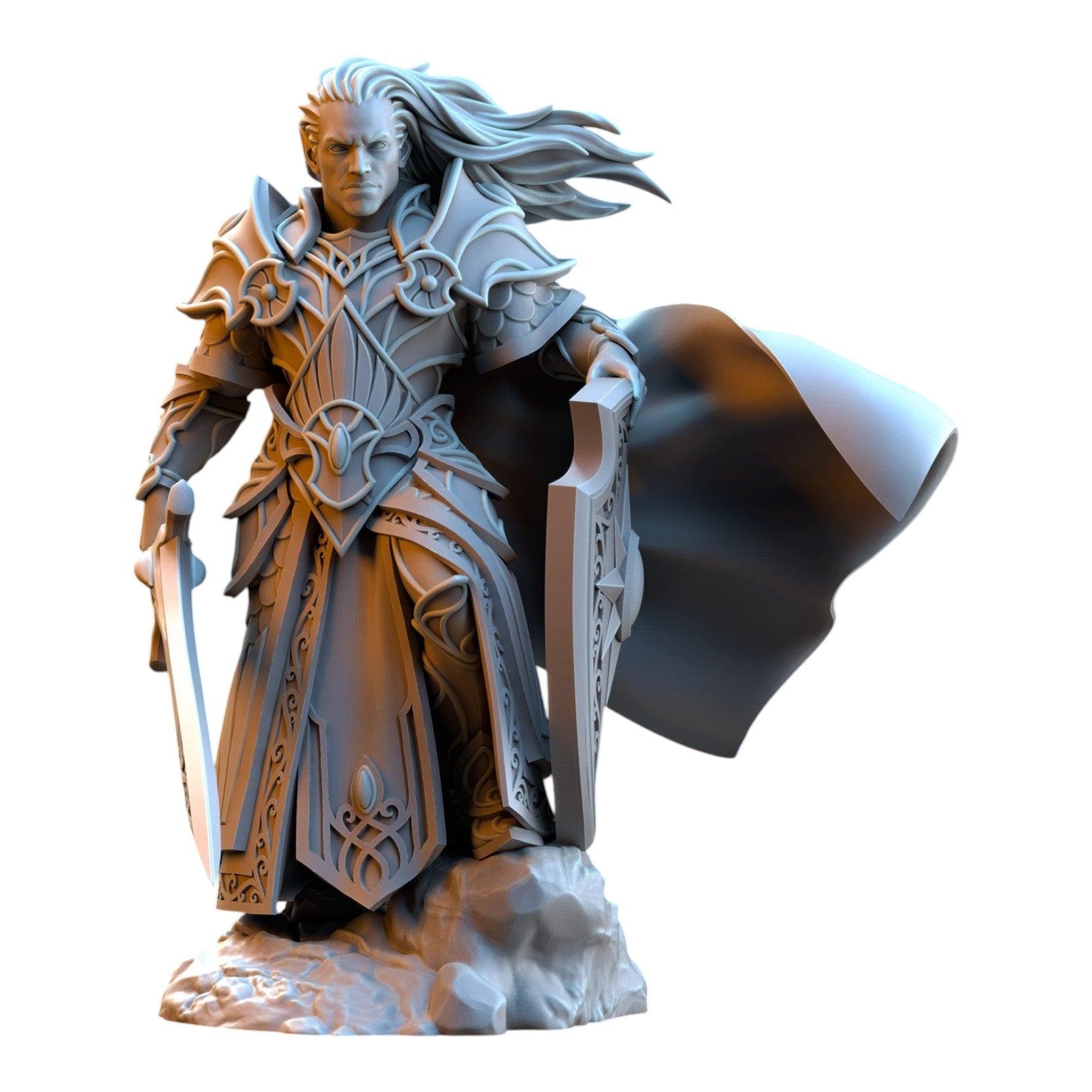 CT Miniatures UK Commander Polomhir 3D printed grey resin fantasy elf warrior miniature with sword and shield