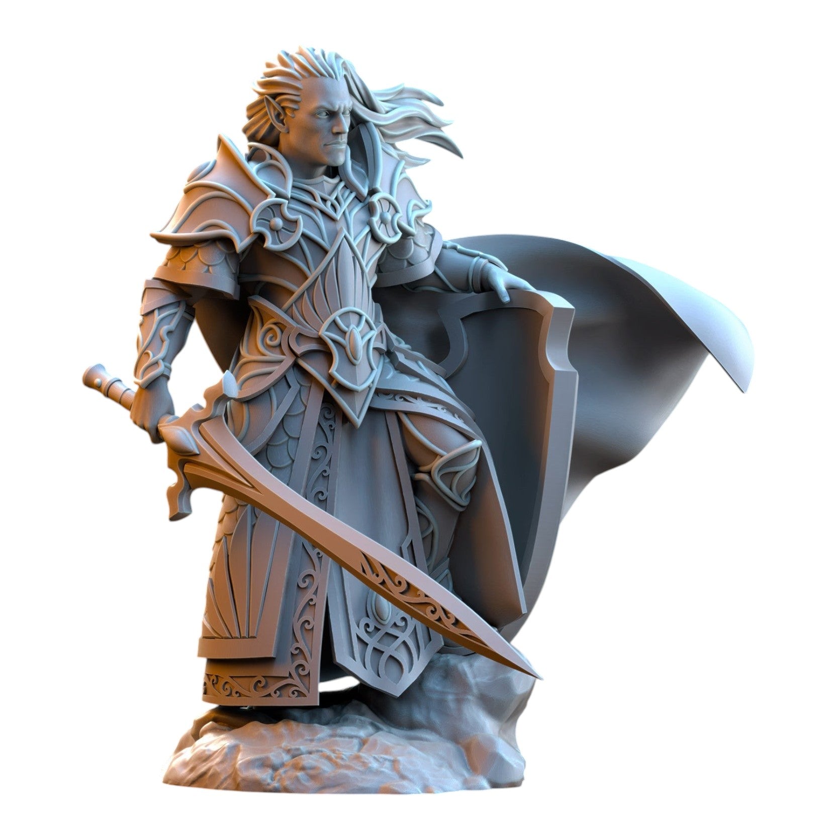 CT Miniatures UK Commander Polomhir Silvermoor Elf miniature in grey resin with intricate armor, sword, and shield.