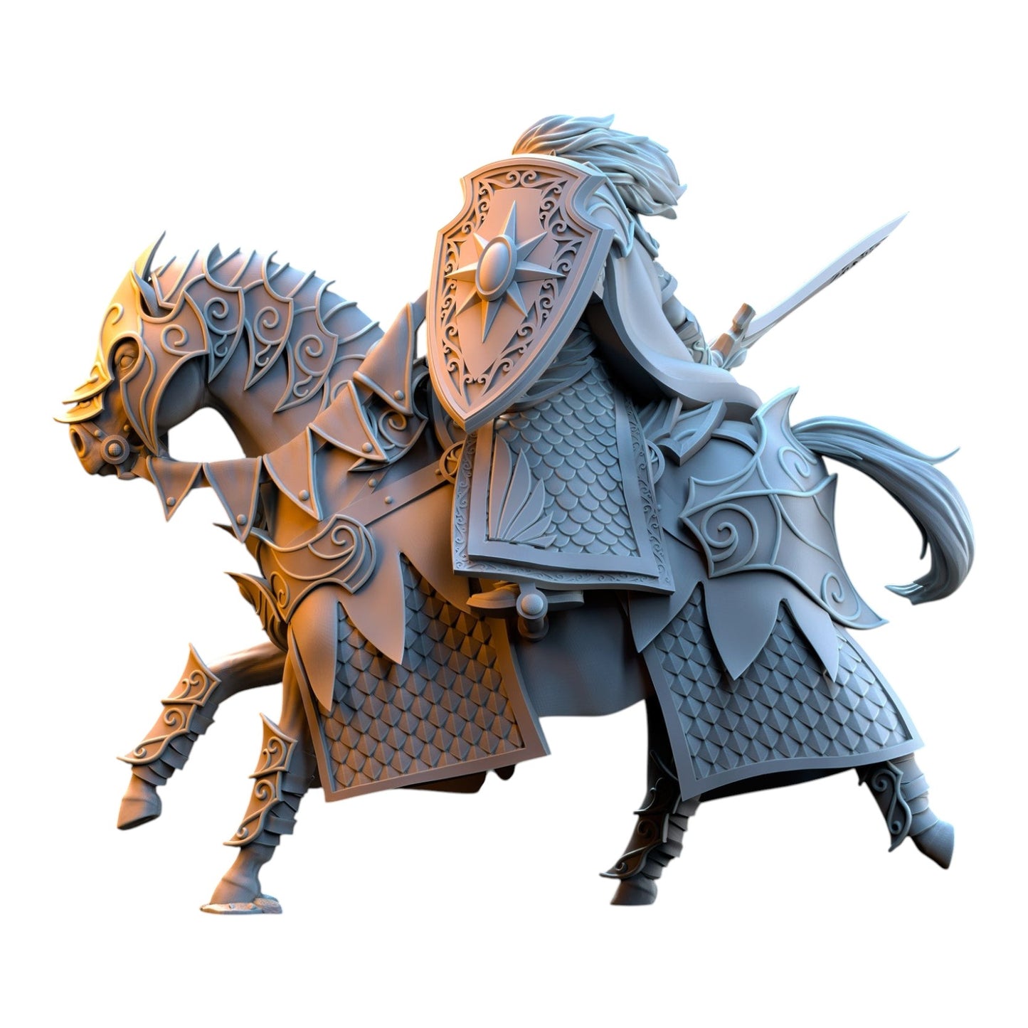 CT Miniatures UK Commander Polomhir on horse, a 32mm grey resin fantasy wargaming miniature with intricate armor.