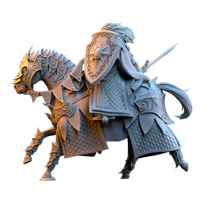 CT Miniatures UK Commander Polomhir on horse, a 32mm grey resin fantasy wargaming miniature with intricate armor.