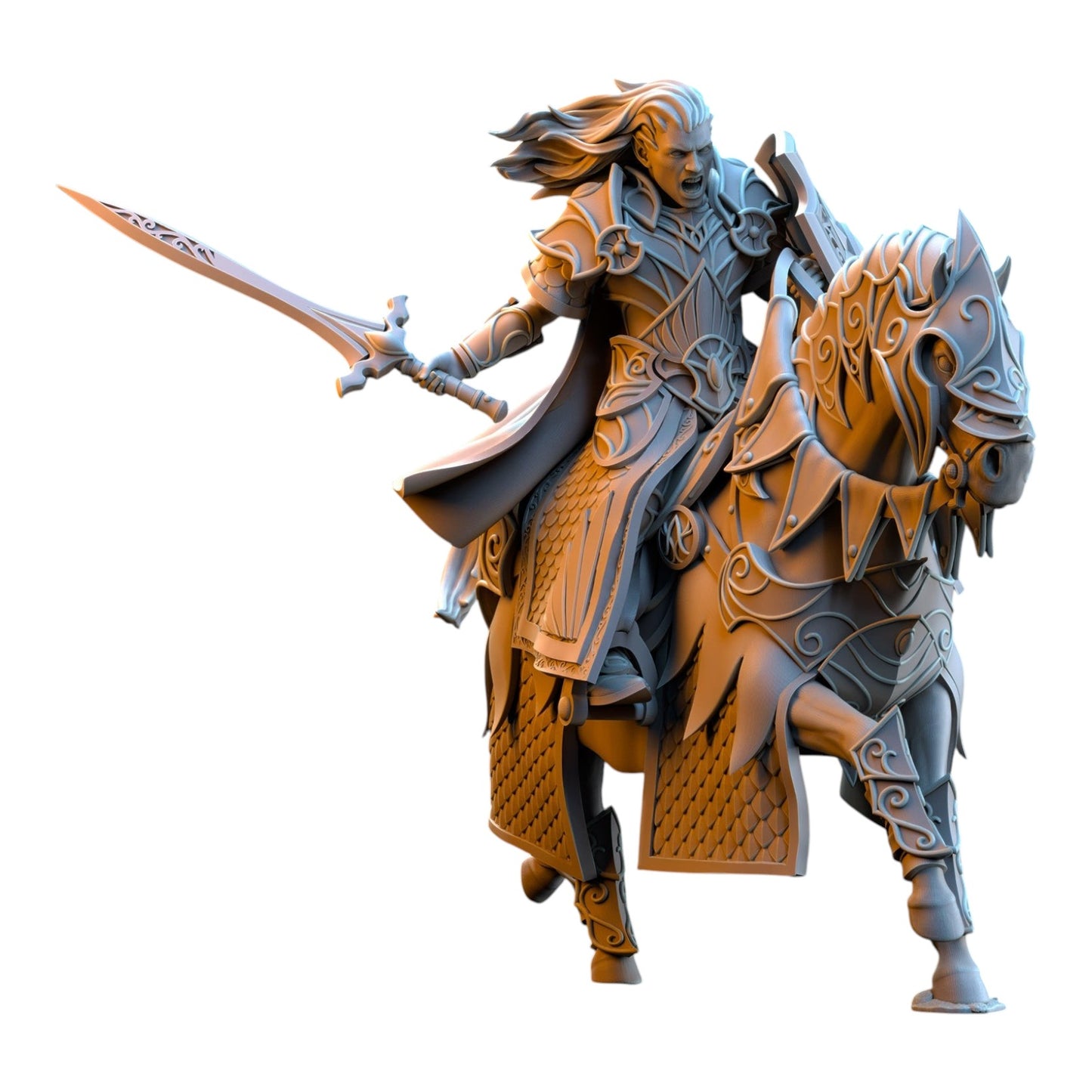 CT Miniatures UK 32mm resin miniature of Commander Polomhir on horseback, featuring intricate elven armor and sword.