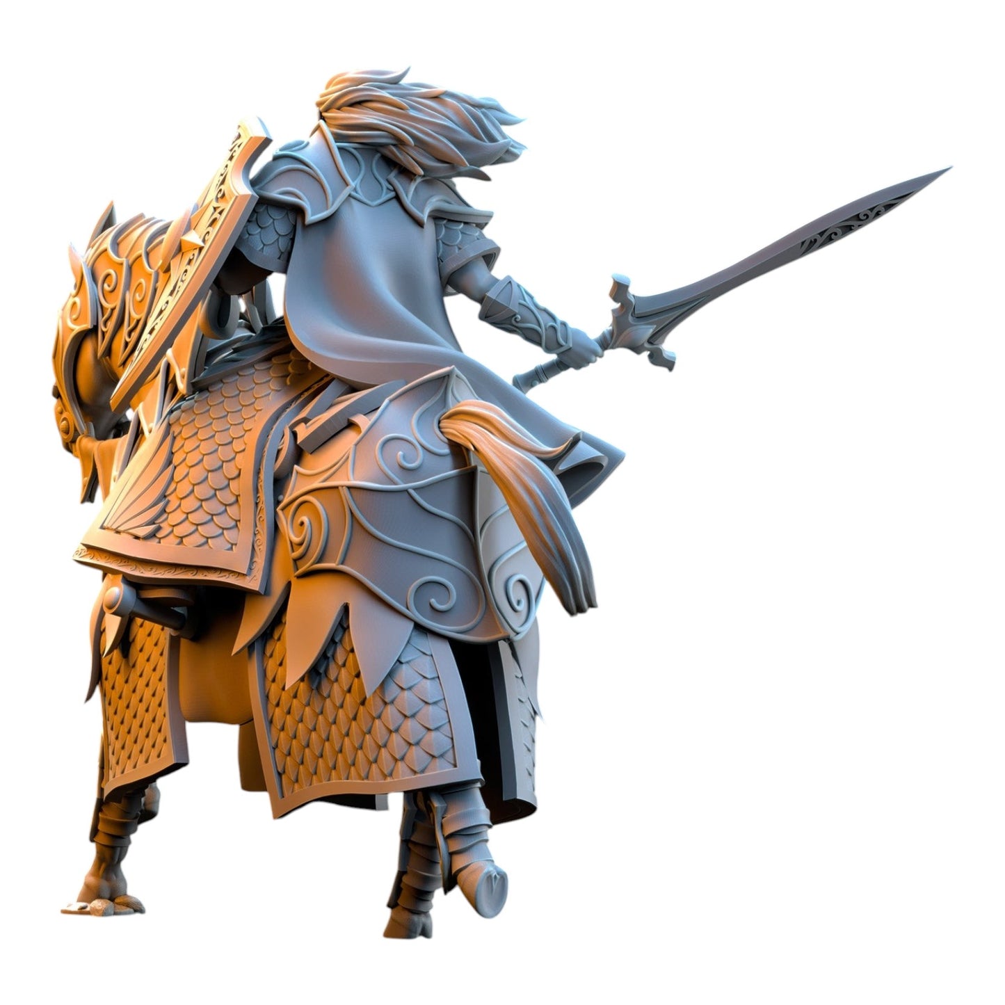 CT Miniatures UK Commander Polomhir on horse, a 32mm grey resin fantasy wargaming miniature with intricate armor.