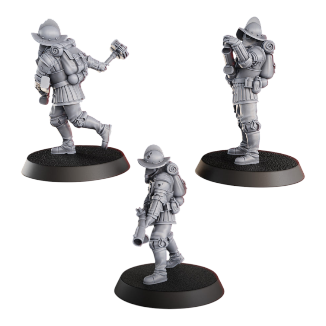 CT Miniatures UK Conquistador Bombers miniatures, 3x 33mm figures with backpacks and firearms, on 25mm bases.