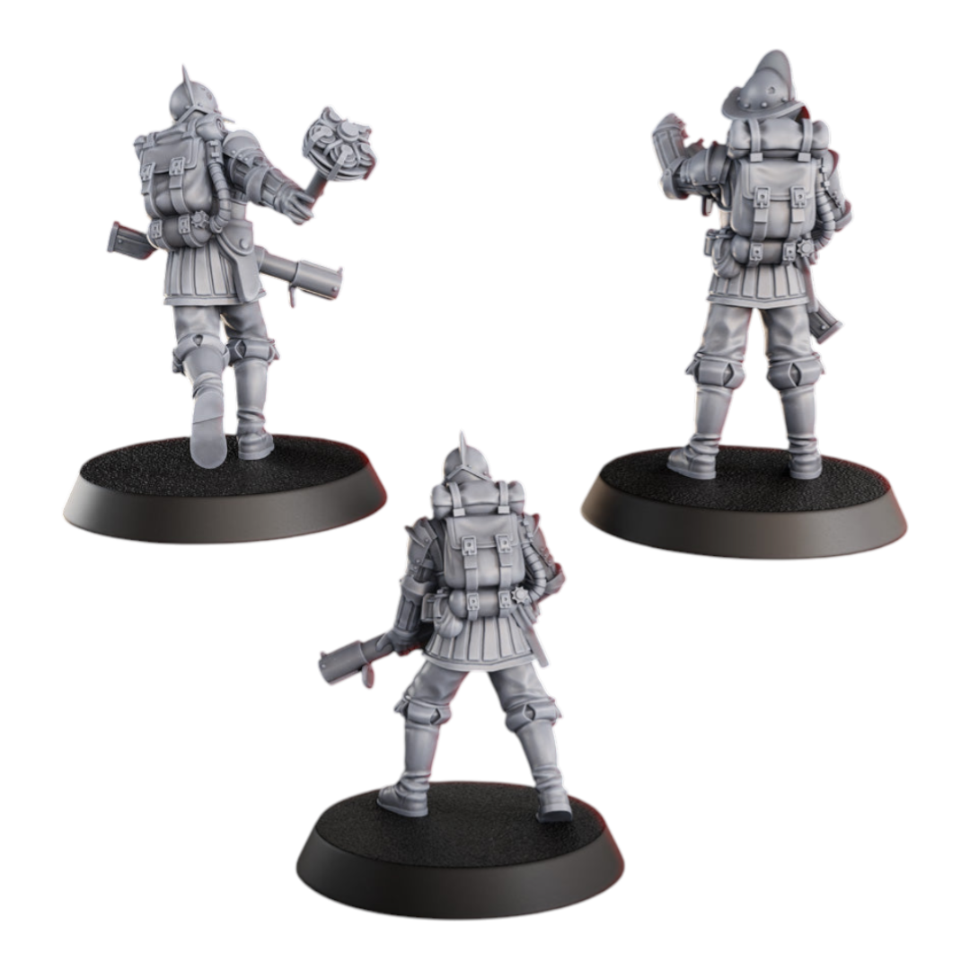 CT Miniatures UK Conquistador Bombers miniatures, 3x 33mm figures with backpacks and firearms on bases.