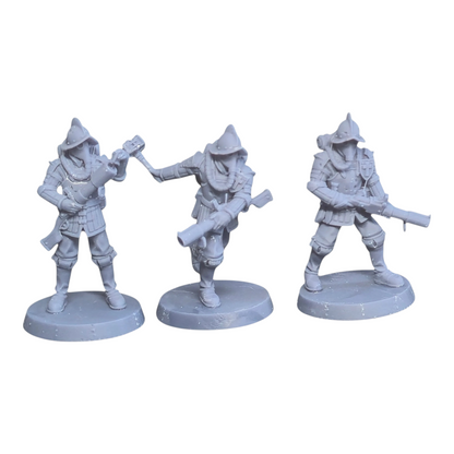 CT Miniatures UK 3x Conquistador Bombers miniatures, 33mm height, grey resin, with rifles and bases.