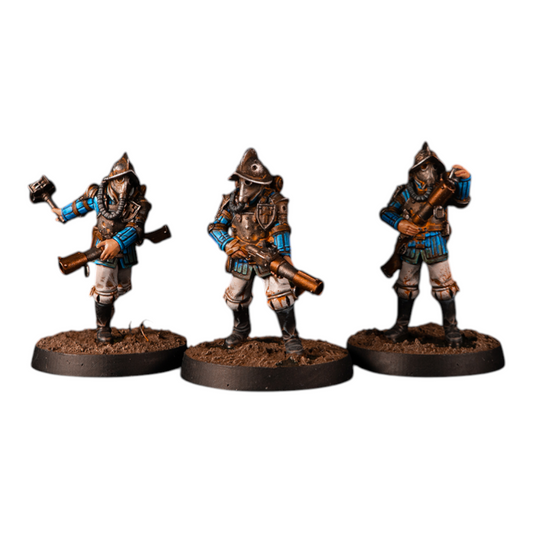 CT Miniatures UK Conquistador Bombers miniatures, 3x 33mm figures with guns and gas masks, wearing blue and white uniforms with armor.