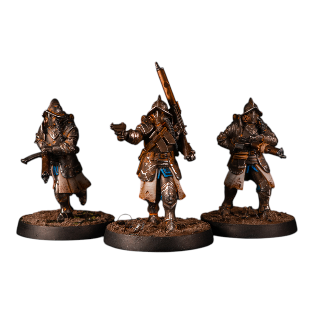 CT Miniatures UK 3x Conquistador Heavy Support miniatures with trench grenade launchers and pistols, 32mm scale.