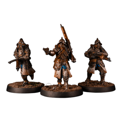CT Miniatures UK 3x Conquistador Heavy Support miniatures with trench grenade launchers and pistols, 32mm scale.