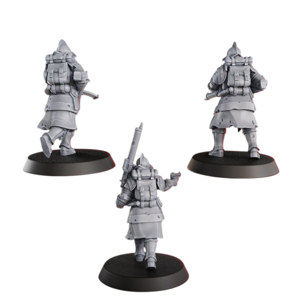 CT Miniatures UK Conquistador Heavy Support miniatures, grey resin, 32mm scale, armed with grenade launchers and pistols.
