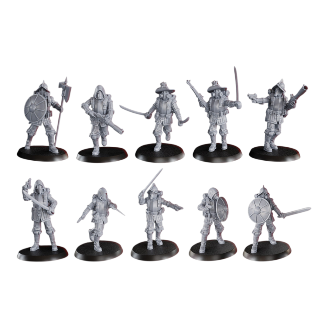 CT Miniatures UK 10 Conquistador miniatures with swords, shields, and firearms, 32mm scale, grey resin.