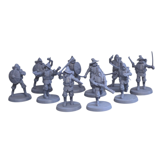 CT Miniatures UK set of 10 grey plastic Conquistador miniatures with shields and firearms, 32mm scale.