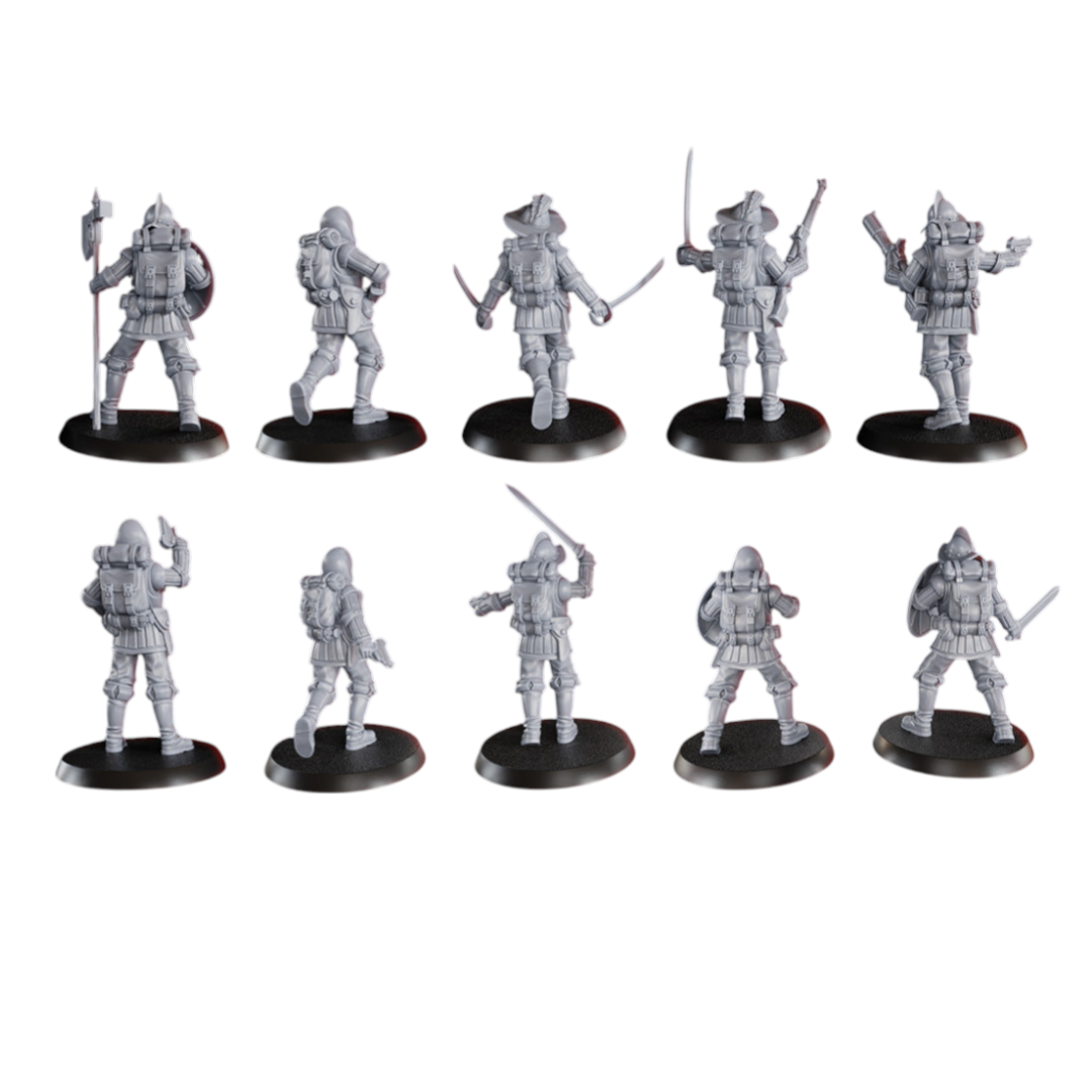 CT Miniatures UK 10 Conquistador miniatures, 32mm scale, in grey resin, with rifles and swords, on black bases.