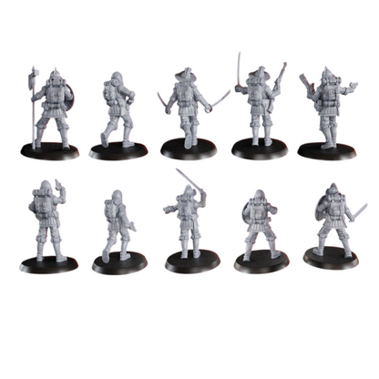 CT Miniatures UK 10 Conquistador miniatures, 32mm scale, in grey resin, with rifles and swords, on black bases.