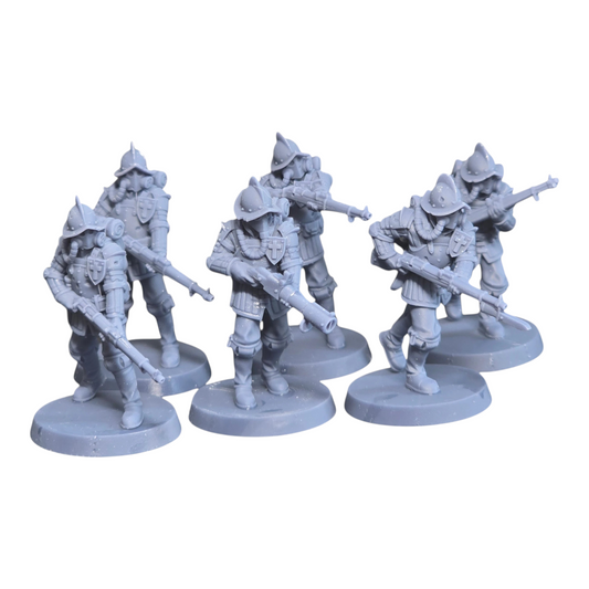 CT Miniatures UK 6x Cortez's Conquistadors miniatures, 33mm height, wearing armor and helmets with gas masks, holding rifles.