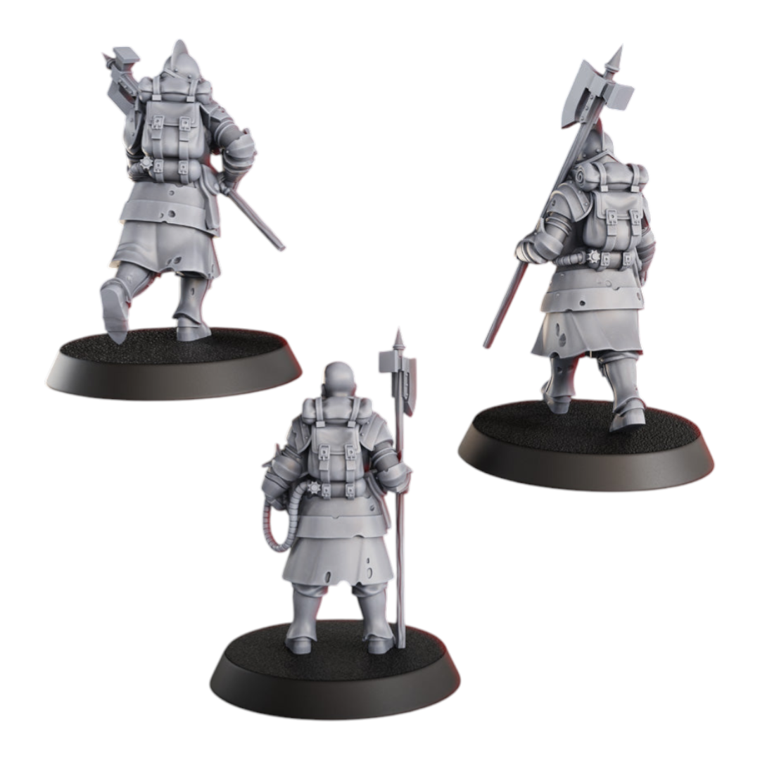 CT Miniatures UK Conquistador Vanguard resin miniatures with axes and hammers, 33mm scale.