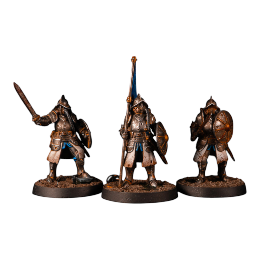 CT Miniatures UK Conquistador Veterans miniatures with swords, shields, and a flag. Metallic armor with blue accents.