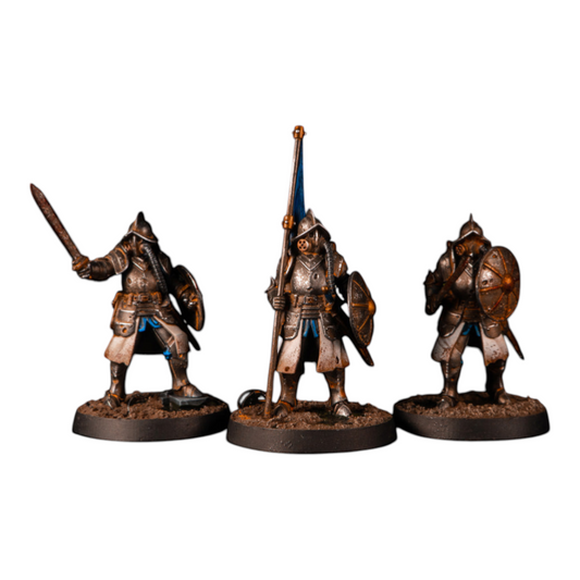 CT Miniatures UK Conquistador Veterans miniatures with swords, shields, and a flag. Metallic armor with blue accents.