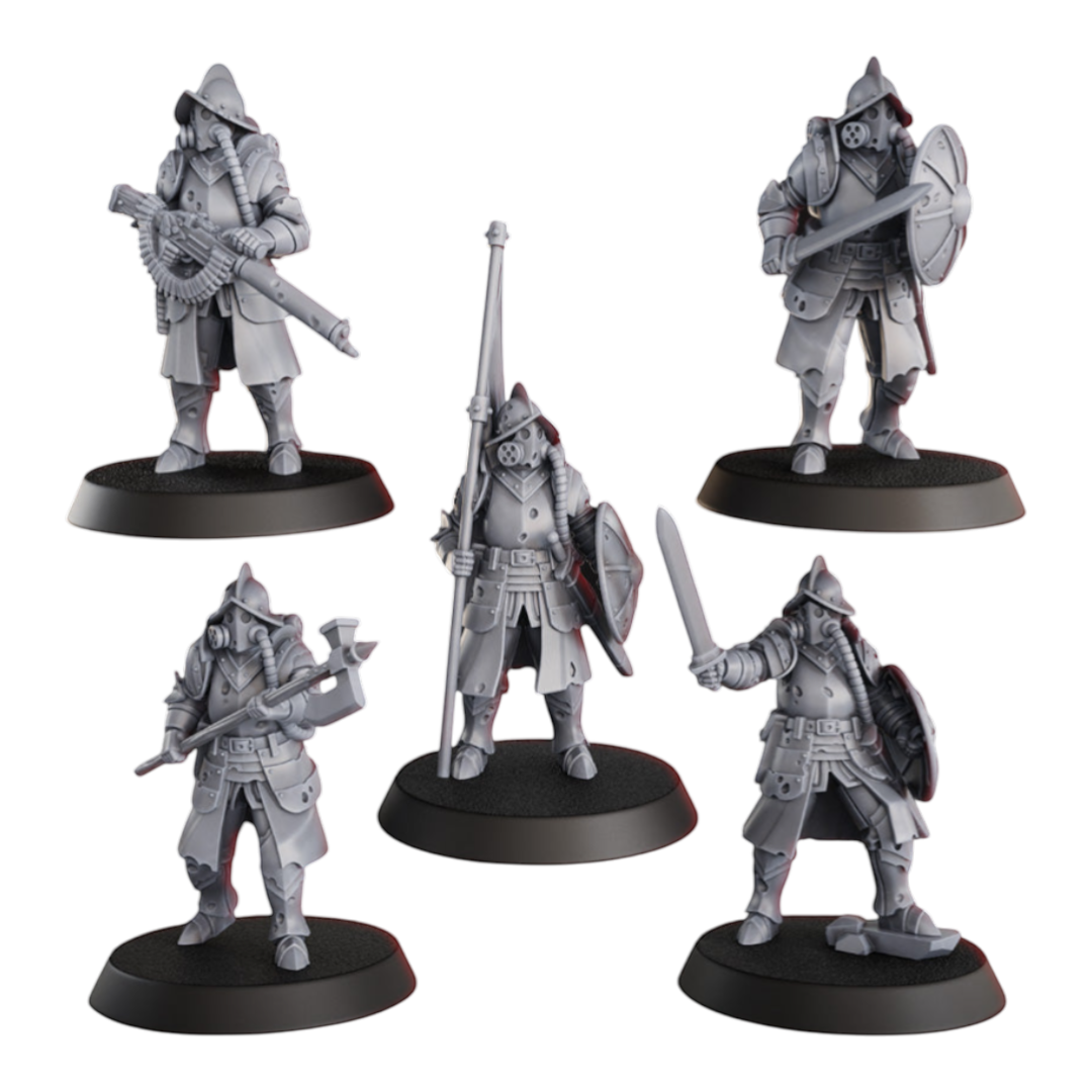 CT Miniatures UK 5x Conquistador Veterans miniatures with gas masks, helmets, and varied weaponry including a heavy firearm, axe, and sword.