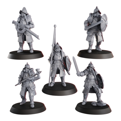 CT Miniatures UK 5x Conquistador Veterans miniatures with gas masks, helmets, and varied weaponry including a heavy firearm, axe, and sword.