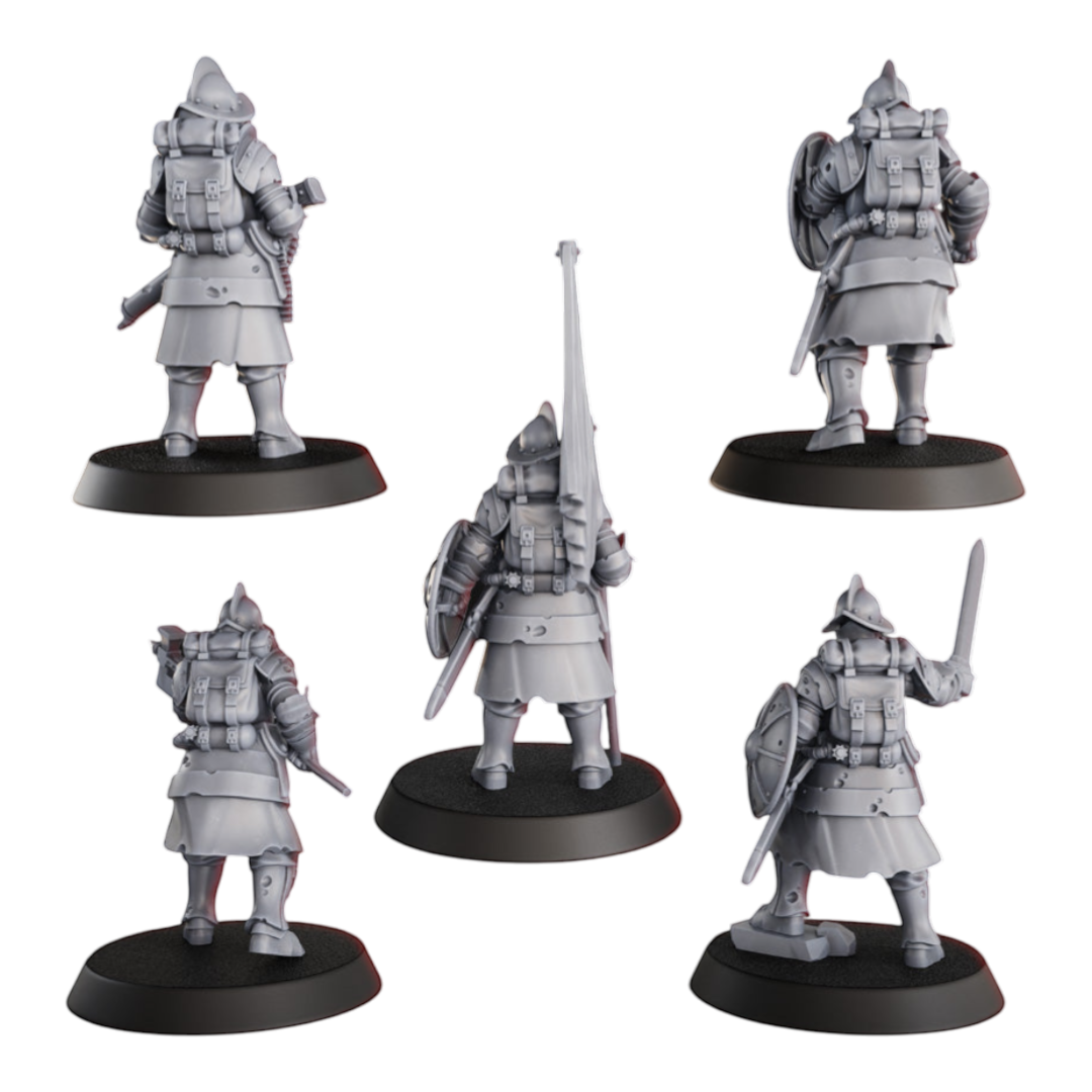 CT Miniatures UK 5x Conquistador Veterans miniatures, 33mm height, grey resin, with backpacks and weapons, 25mm bases.