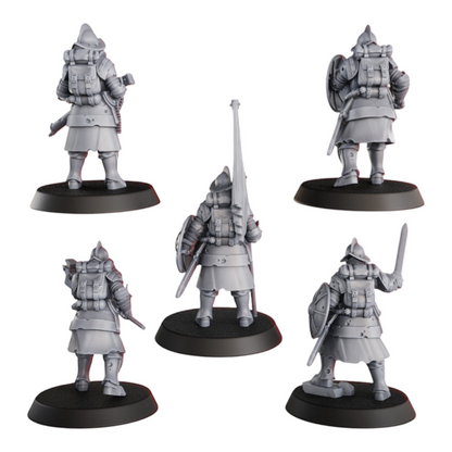 CT Miniatures UK 5x Conquistador Veterans miniatures, 33mm height, grey resin, with backpacks and weapons, 25mm bases.