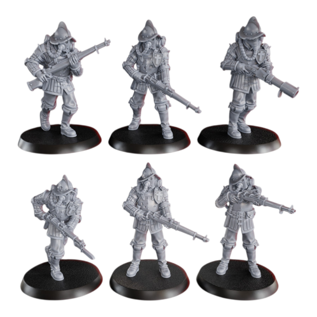 CT Miniatures UK 6x Cortez's Conquistadors miniatures with rifles, 33mm height, grey resin, 25mm bases.