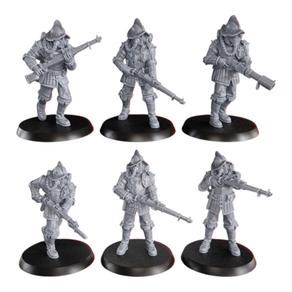 CT Miniatures UK 6x Cortez's Conquistadors miniatures with rifles, 33mm height, grey resin, 25mm bases.