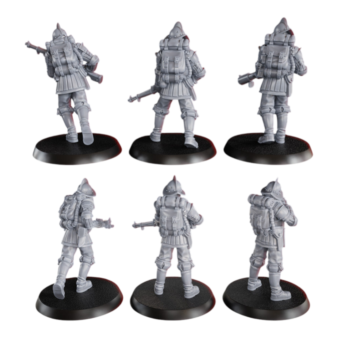 CT Miniatures UK 6x Cortez's Conquistadors miniatures with rifles and backpacks, 33mm height, 25mm bases.