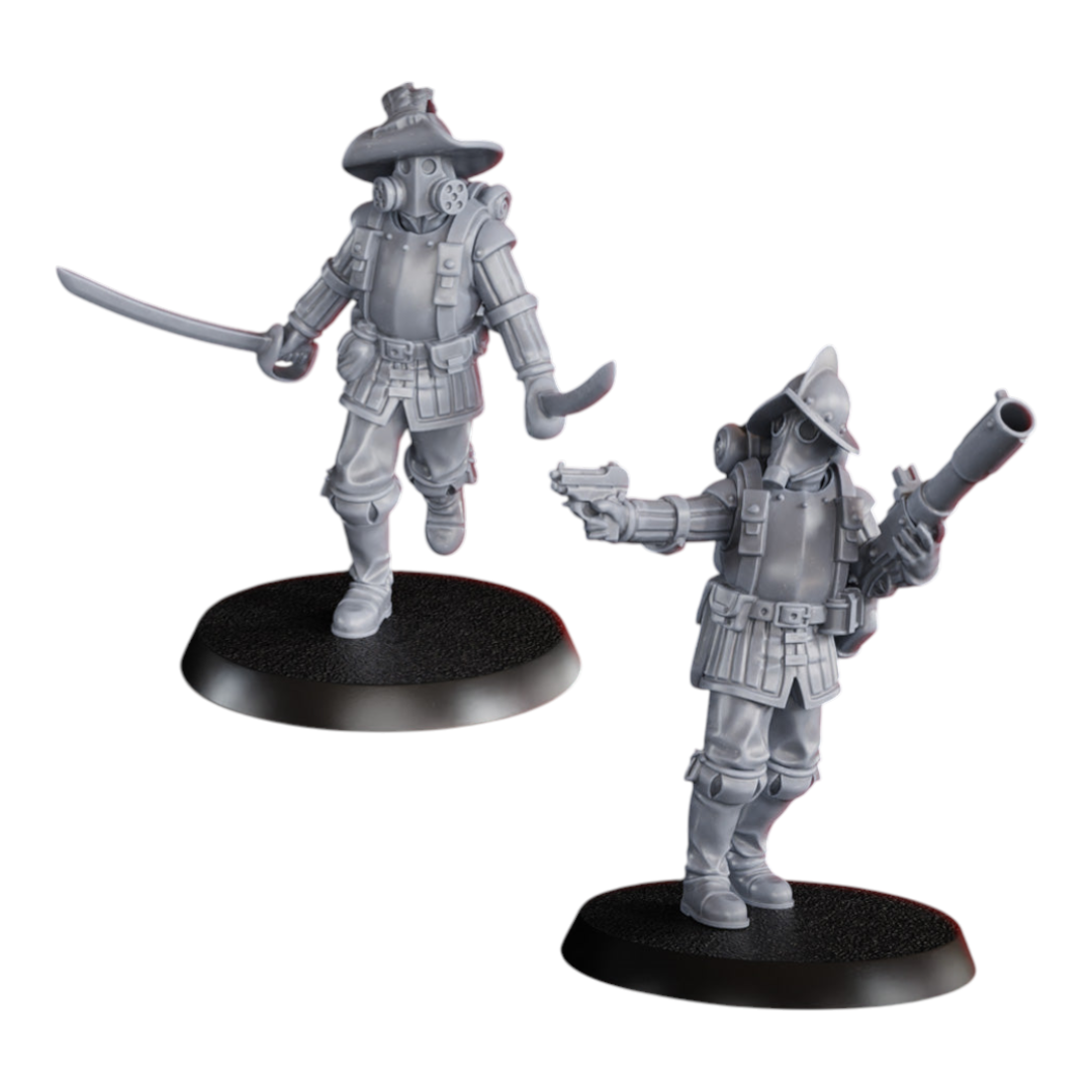 CT Miniatures UK 32mm Conquistador miniatures with gas masks, swords, and firearms on bases.