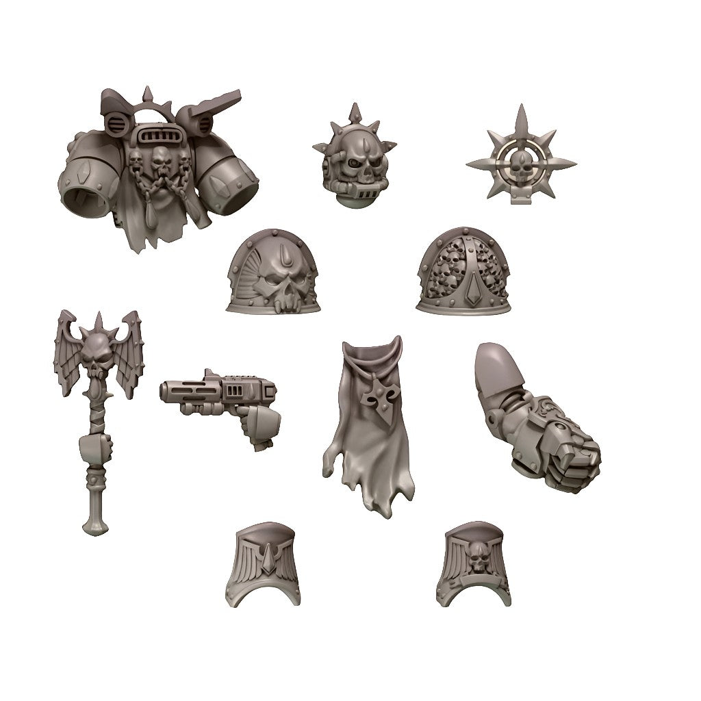 CT Miniatures UK Crimson Lords Battle Priest Chaplain upgrade pack with ornate skull helmet, pauldrons, jump pack, weapon, and tabard.