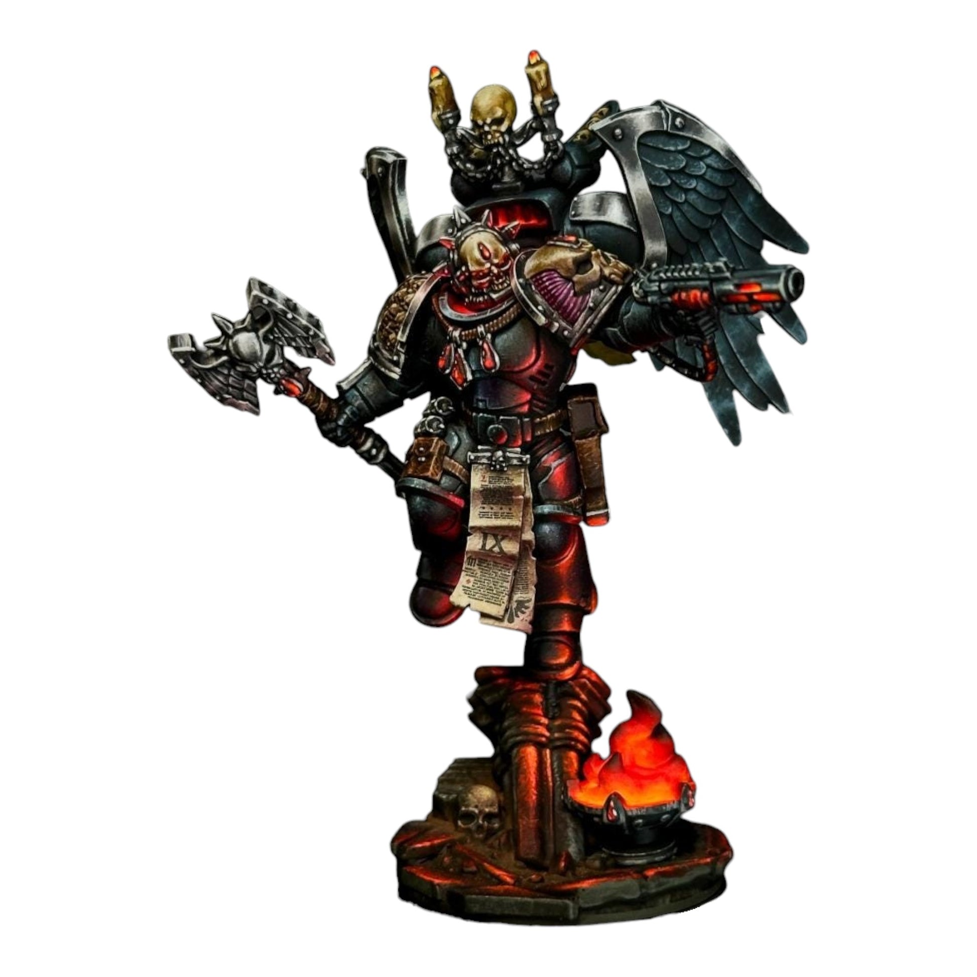 CT Miniatures UK Crimson Lords Battle Priest Chaplain upgrade pack with ornate skull helmet, pauldrons, jump pack, axe, pistol, and power fist.
