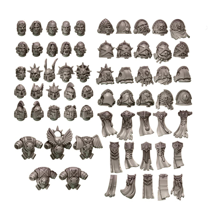 CT Miniatures UK Crimson Lords Core Pack: resin conversion bits including heads, pauldrons, backpacks, and capes for 32mm miniatures.