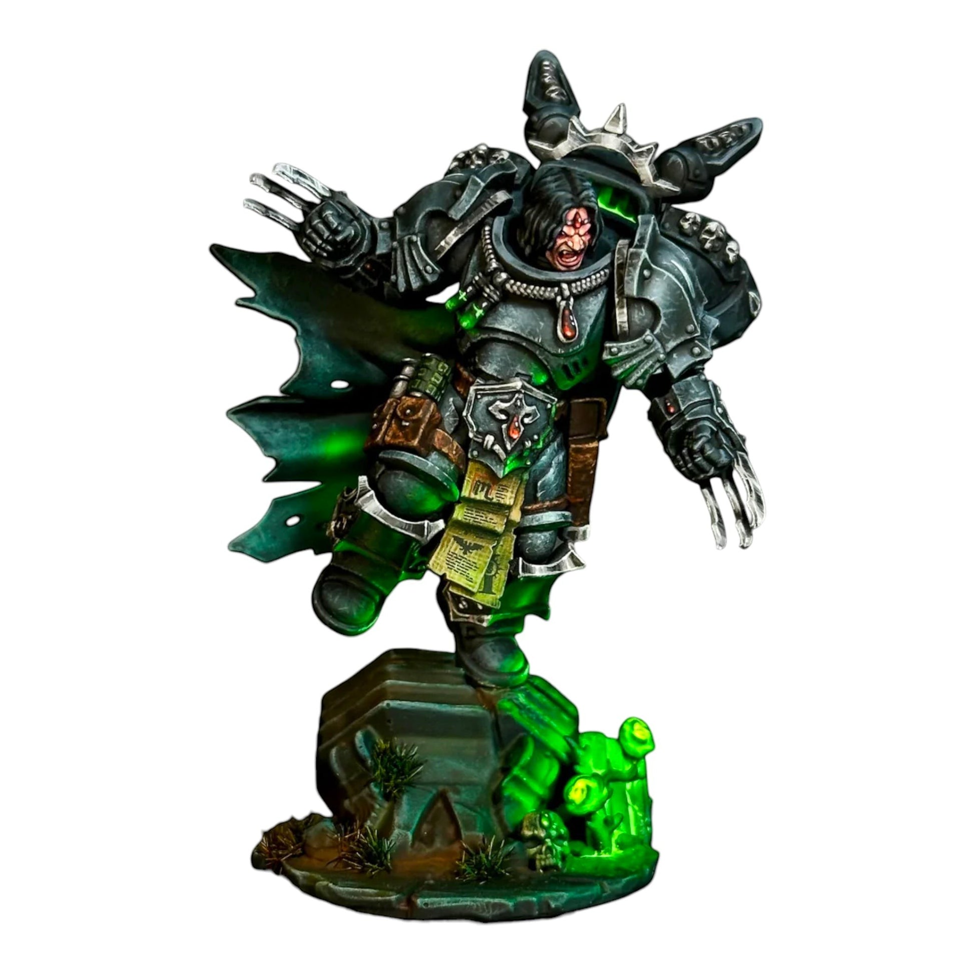 CT Miniatures UK Crimson Lords conversion bits: grey resin miniature with green energy effects, ornate armor, cape, and claws.